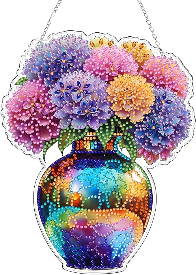 JJFox Diamond Art Hanging Kit for Adult,Special Shaped Rhinestone,DIY Acrylic Diamond Art Painting Window Pendants Home Garden Wall Hanging Kits Hanging Ornament,Double Sided (Vase)