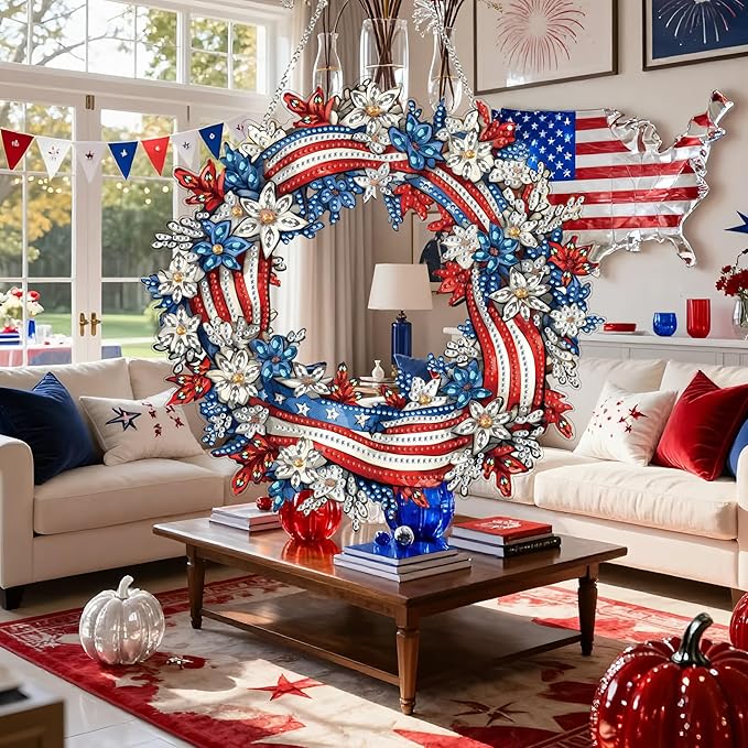 Diamond Art Hanging Kit for Adult,Special Shaped Rhinestone,Double Sided DIY Acrylic Diamond Art Painting Window Pendants Home Garden Wall Hanging Kits Hanging Ornament (Independence Day Wreath)