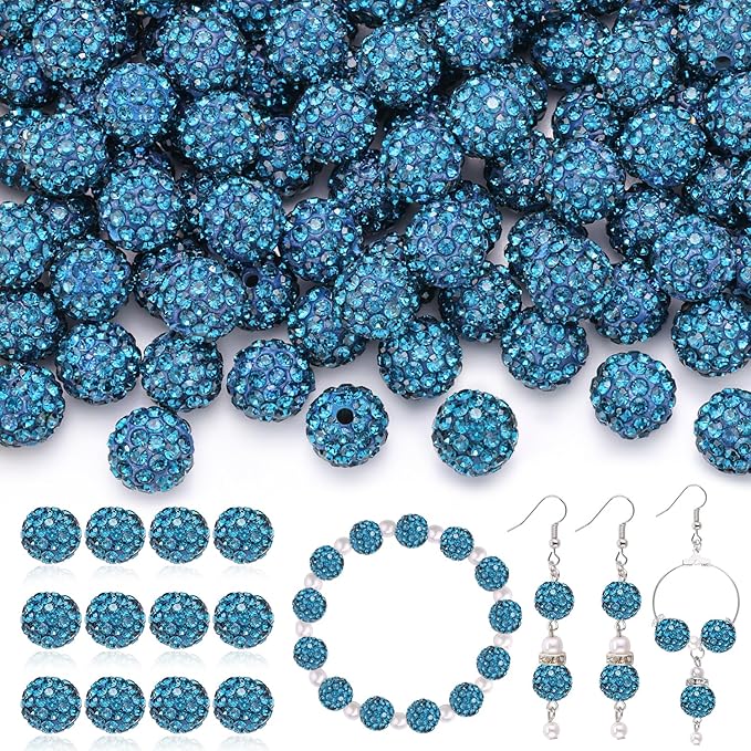 120pcs 10mm rhinestone beads for jewelry making, blue zircon shiny round shamballa disco ball beads, sparkle crystal clay christmas for bracelet baseball necklace earring crafting and diy
