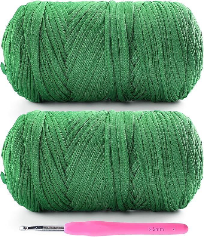 2 Pack T-Shirt Yarn for Crochet - 800 g/260 yds Elastic Fabric T-Shirt Yarn with 1 Crochet Hook (2, Grass Green)