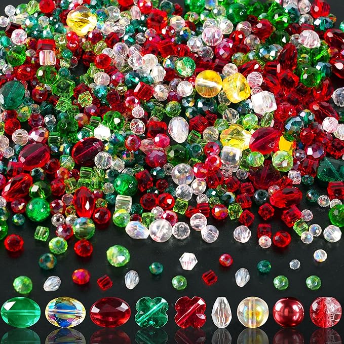 christmas glass beads for jewelry making, 636pcs red green ab color craft crystal beads with loose beads sparkly beads hole drilled for diy christmas bracelets necklace wristband earring craft