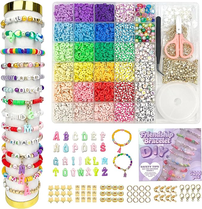 Bracelet Making Kit – 5200pcs Friendship Bracelet Kit 24 Colors Beaded Bracelet Set with Colorful Letter Beads & String for Jewelry Making, DIY Arts and Crafts Gifts, 6mm