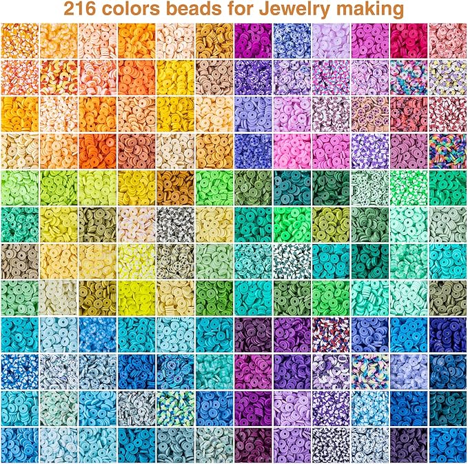 XSEINO 46000Pcs Clay Beads - 216Colors 10Boxes Clay Beads, 5 Styles Letter Beads,with Rich Making Accessories and 3 Rolls Crystal Cord,for Crafts