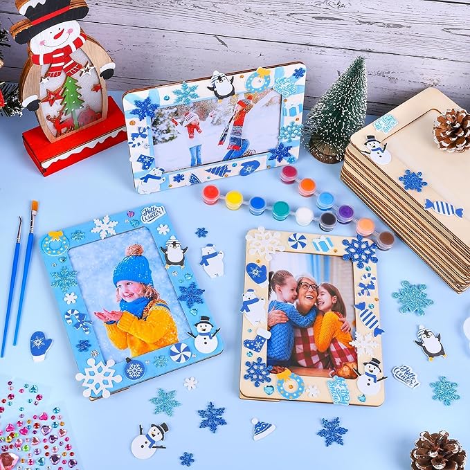 Fovths 12 Packs Winter Picture Frame Painting Craft Kit Frozen Wooden DIY Photo Frame for 4 x 6 inch Photo with 100 Snowflake Stickers Rhinestone Stickers 4 Brushes Set for DIY Paint and Decorate