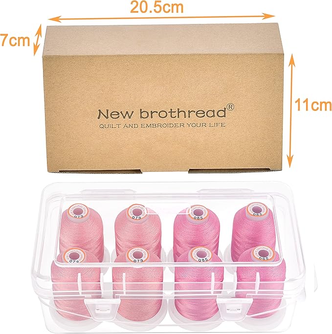 New brothread - 20 Options - 8 Snap Spools of 1000m Each Polyester Embroidery Machine Thread with Clear Plastic Storage Box for Embroidery & Quilting - 4xSalmon Pink+4xPink