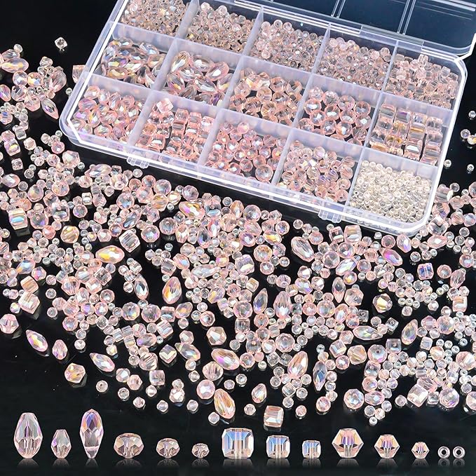 1500 Pcs Crystal Glass Beads for Jewelry Making – 12 Styles Bicone, Rondelle, Cube, Teardrop & 3mm Spacer Beads, DIY Bracelet Necklace Earring Craft Kit with Organizer Box(Pink)