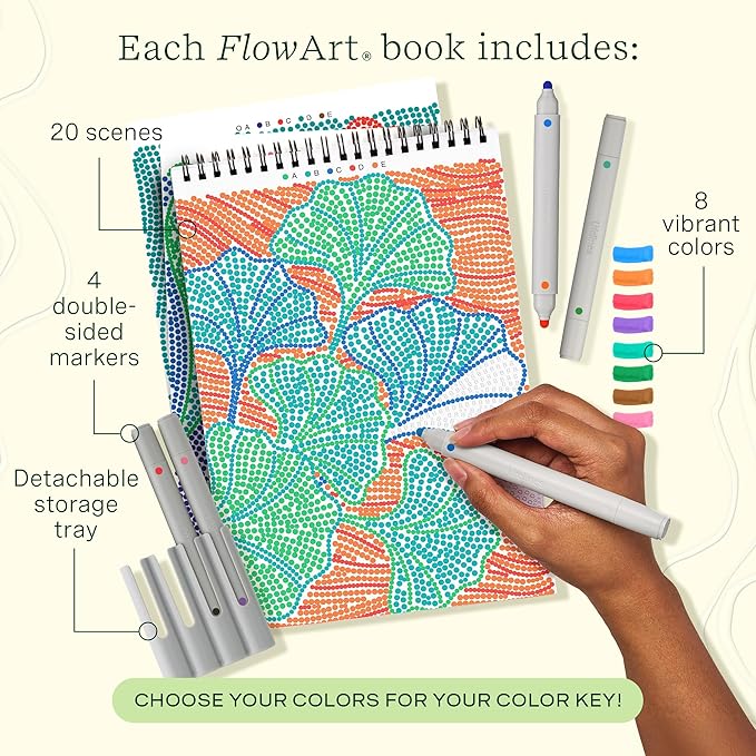 Lifelines FlowArt Activity Pads, 2-Pack & Bonus Pad - Guided Dot-by-Letter Art Meditations - 8 Double-Sided Markers & 48 Scenes - Color by Number/Letter Coloring Books for Tweens, Adults & Seniors