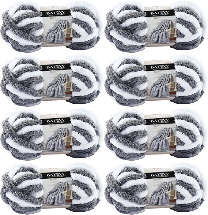 Chunky Chenille Yarn for Hand Knitting 8 Jumbo Pack Jumbo Chunky Yarn for Hand Soft Blanket Knitting, Bulky Thick Fluffy Yarn for Crocheting (White Gray)