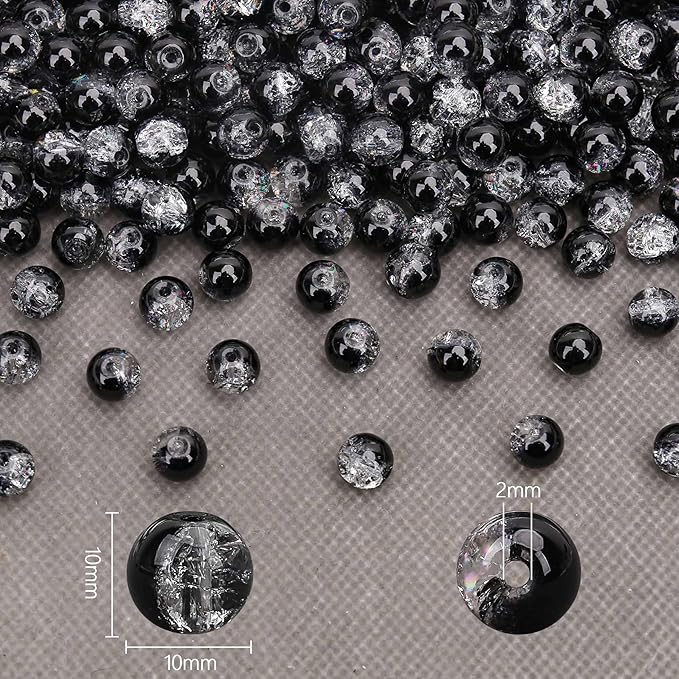 80PCs 10mm Black Crackle Glass Beads Bulk, Round Smooth Hole Glass Crystal Beads for Jewelry Making, DIY Bracelets, Necklaces, Bag Charms, Keychains and Craft Projects