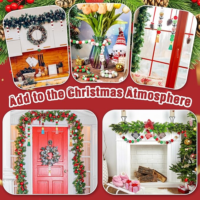 Lucomb 217 PCS Christmas Silicone Beads Bulk 15mm Silicone Beads Xmas Christmas Wooden Beads C y Cane Wood Beads Loose Rubber Beads Abacus Focal Beads Keychain Necklace Making Pens Crafts Ornament