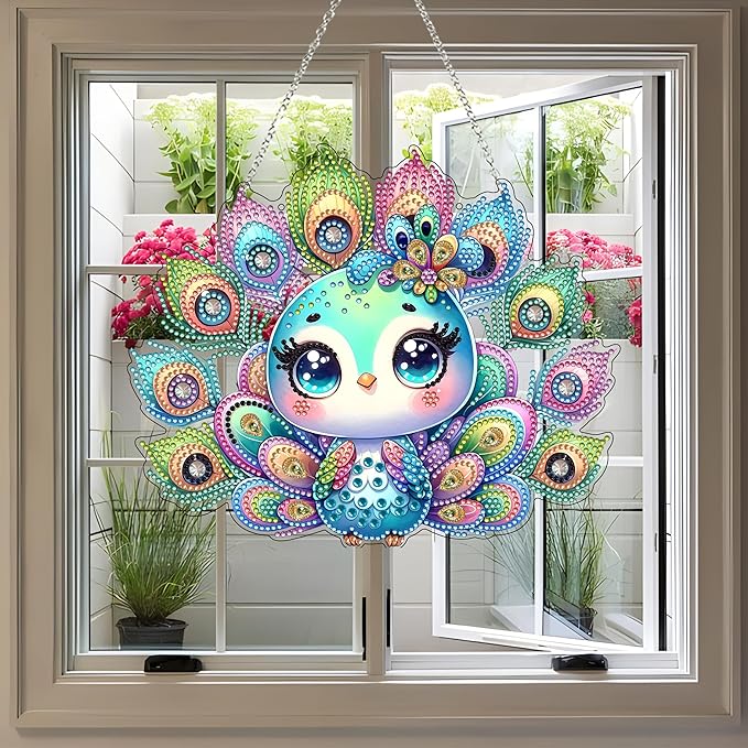 Diamond Art Hanging Kit for Adult,Special Shaped Rhinestone,DIY Acrylic 5D Diamond Art Painting Window Pendants Home Garden Wall Hanging Kits Hanging Ornament (Peacock)