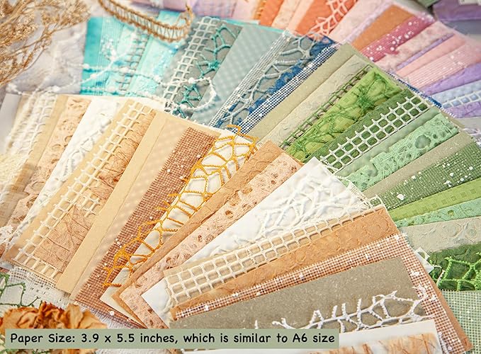 96 Sheets Textured Scrapbook Paper and Mesh Fabric Assorted Set - 6 Pack Mixed Special Paper for Scrapbooking Planner Bullet Junk Journal Supplies Mixed Media Collage Card Embellishments 3.9x5.5 Inch