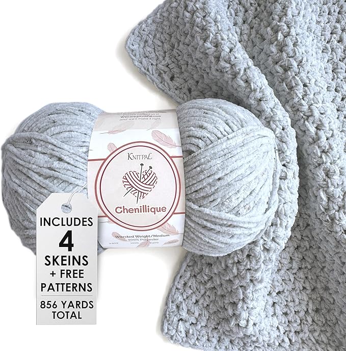 Chenillique Velvet Chenille Yarn for Crocheting, 4-Pack (856Yds / 400G), Free Patterns, Beginners Friendly - Soft Baby Yarn for Knitting Baby Blanket - #4 Medium Worsted Weight - Frosted Blue