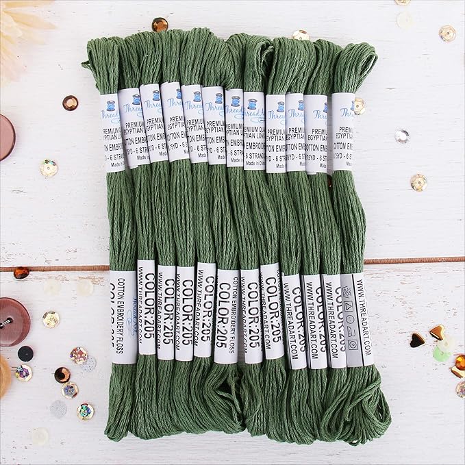 12 Skeins ThreadArt Premium Egyptian Long Fiber Cotton Embroidery Floss | Fern Green | 6 Strand Divisible Thread 8.75yds Each for Hand Embroidery, Friendship Bracelets, Cross Stitch and Crafts