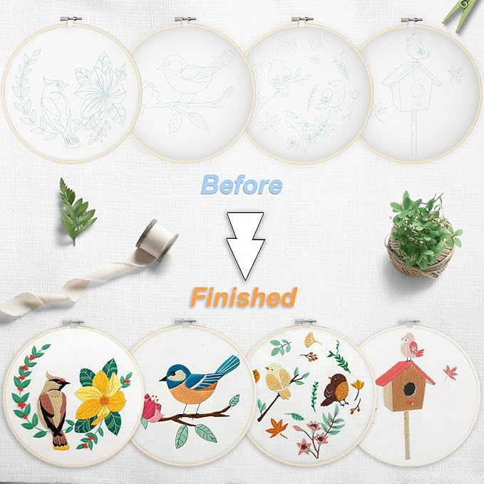 bonroy 4 sets embroidery set for beginners, art craft, easy sewing, includes embroidery clothing, pattern, embroidery hoop, instruction manual, colorful thread needles set (6 pieces)