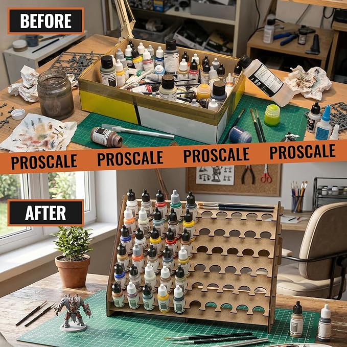 Wall Paint Rack Organizer for Miniatures & Modeling, Vertical Paint Stand with 26mm Dropper Holes + Top Brush/Tool Holder, Compatible with Vallejo, Army Painter, AK (26mm)