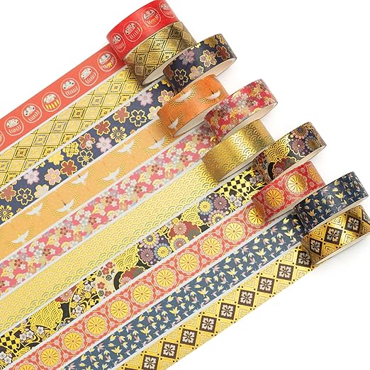10 Rolls Sakura Washi Tape Set Japanese Arts Adhesive Tapes Gold Silver Foil Decorative Masking Tape Sets for Craft, Kids, Scrapbook, DIY, Gift Wrapping (Golden Kimono)