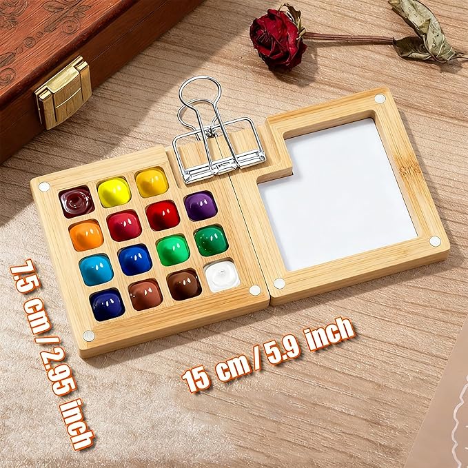 Mini Travel Watercolor Set Pocket Artist Watercolor Travel Set Grid Palette Box Sketch Book Brush Pens With Binder Clips For Painters Artists Students (bamboo, 15 Grids)