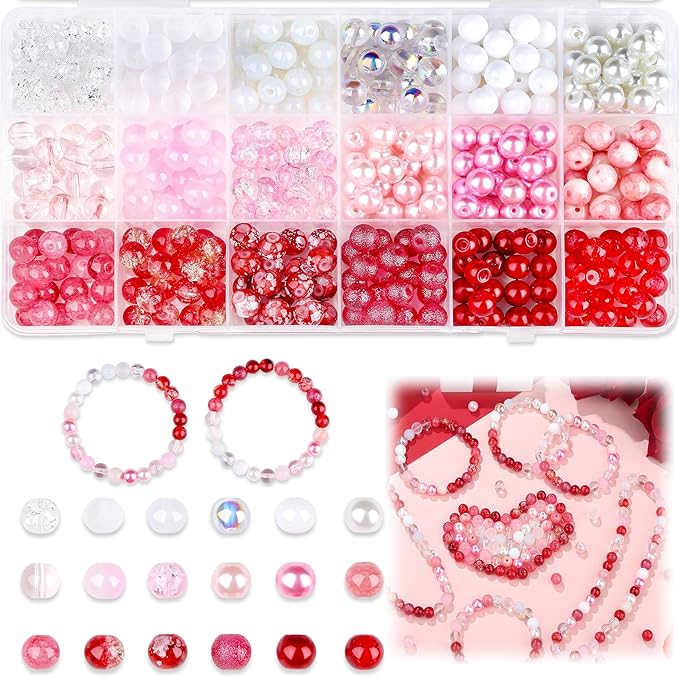 360Pcs Valentines Glass Beads for Jewelry Making, 18 Colors 8mm Round Red Pink White Crystal Bead Valentines Beads for Bracelets Necklaces Romantic Accessories Kit Earring DIY Crafts