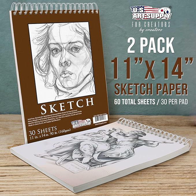u.s. art supply 11”x14 premium heavy-weight paper spiral bound sketch book: 90 pound (160gsm), 30-sheet drawing pad (2 pack)