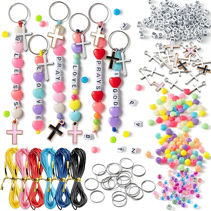 WATINC DIY Cross Keychain Making Crafts - Christine Cross Beads Bracelet Necklace Making Craft Kits, Letter Beads for Jewelry Accessories Festival Party Gift Favor for Women Men (612Pcs)