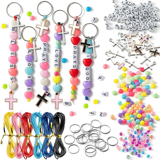 WATINC DIY Cross Keychain Making Crafts - Christine Cross Beads Bracelet Necklace Making Craft Kits, Letter Beads for Jewelry Accessories Festival Party Gift Favor for Women Men (612Pcs)