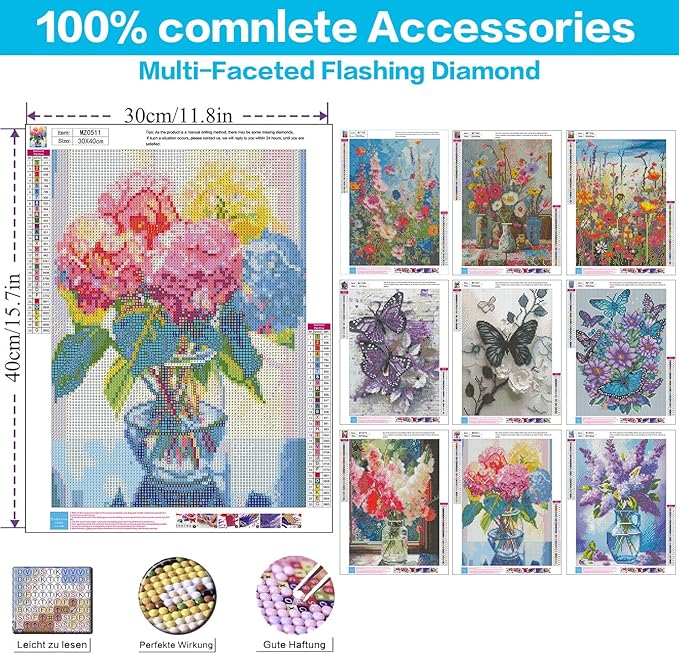Meothan 9 Pack Diamond Art Kits for Adults, Flowers Diamond Painting Kits for Adults, 5D DIY Round Drill Gem Art Paint with Diamonds Dots Crafts Ste for Home Decor Gift 12x16inch