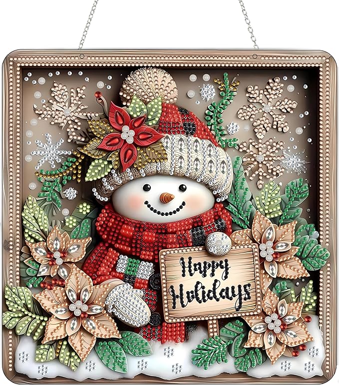 DIY Acrylic Diamond Art Painting Wreath Kits Special Shaped Rhinestone 5D Diamond Art Window Pendants Home Garden Wall Hanging Kits Hanging Ornament，Double Sided(Christmas Snowman-1)