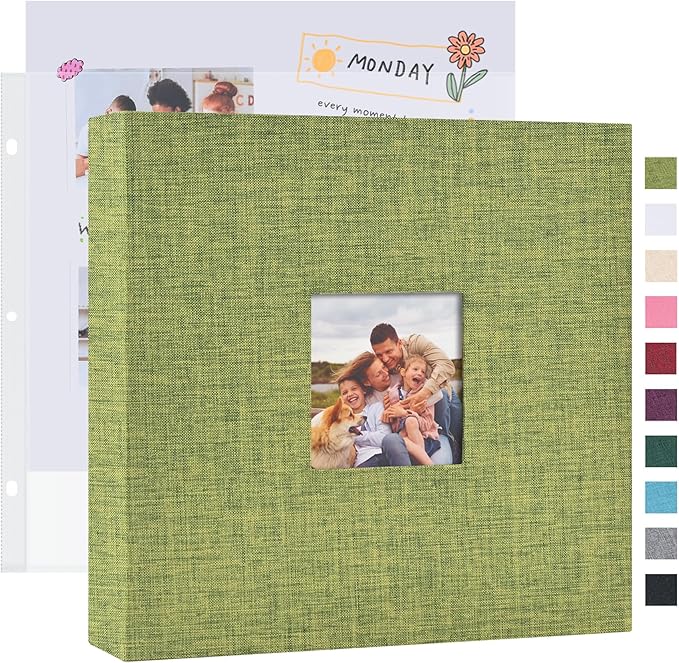 Mublalbum 12x12 Inch DIY Scrapbook Photo Album with 20 Plastic Sleeves 40 Pages Linen Cover 3 Ring Folder Binder for Wedding Baby Family and DIY Projects (Green)