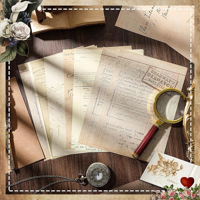 Zonon 114 Pieces 2 Sets Junk Journal Pages Vintage Ephemera Pack Craft Paper Junk Journal Vintage Paper for Albums Planner Decorative Crafts Embellishment Supplies (Yellowed Letters)