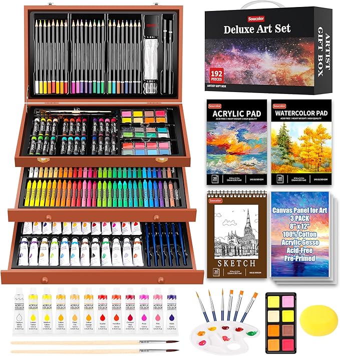 Soucolor Arts and Crafts Kits, 192-Pack Deluxe Art Set Coloring Drawing Painting Supplies Art Kit with Acrylic Pad, Watercolor Pad, Sketch Book, Canvases, Acrylic Paint, Crayons, Pencils