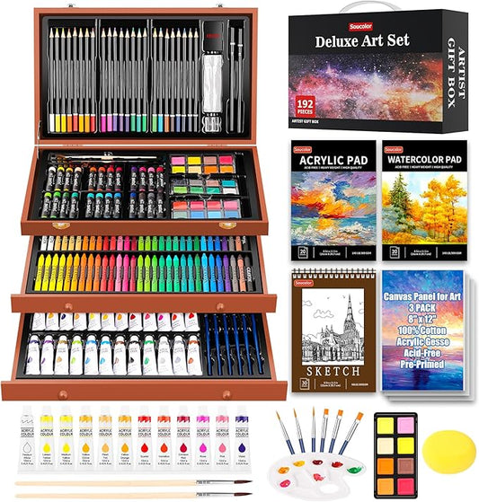 Soucolor Arts and Crafts Kits, 192-Pack Deluxe Art Set Coloring Drawing Painting Supplies Art Kit with Acrylic Pad, Watercolor Pad, Sketch Book, Canvases, Acrylic Paint, Crayons, Pencils