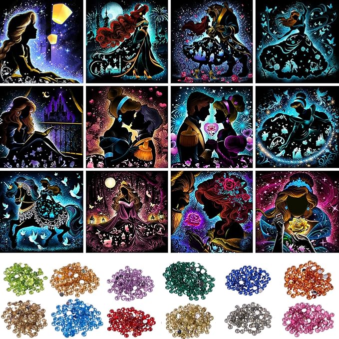 KEYRANKE 12 Pack Princess Diamond Painting Kits for Adults 5D DIY Diamond Art Kit Paint with Round Full Drill Diamonds for Beginners Gem Paintings Art for Home Wall Decor Gifts (12X12 Inch)