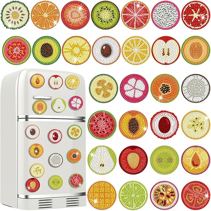 Motipuns 30 Pcs Fruit Magnetic Diamond Art Colorful Diamond Painting Magnets Kits Adult DIY Art Fridge Magnet Refrigerator Sticker for Beginners Gifts Home Car Garage Decors