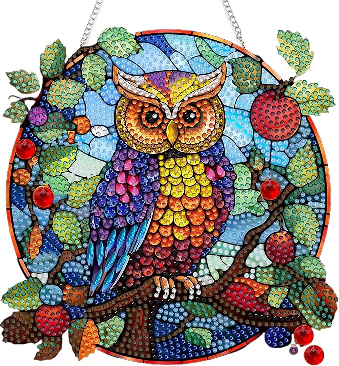 SKRYUIE Owl Hanging Diamond Art Kits for Adults Pendant Suncatcher, Special Shaped Crystal DIY Pearl Diamond Painting Kit, Gift for Mother Spring Summer Window Wreath Decor 7.72 x 7.64 Inch A10