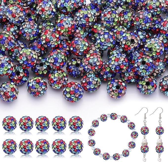 200pcs 10mm rhinestone beads for jewelry making, black mixed shiny round disco ball beads bulk, sparkle crystal clay christmas for bracelet baseball necklace earring crafting and diy