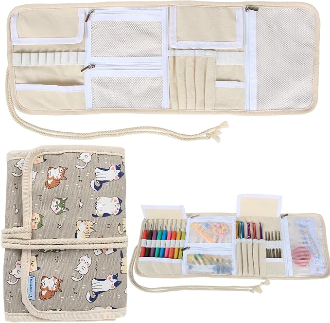 Teamoy Crochet Hook Case, Roll Bag Holder Organizer for Various Crochet Needles and Knitting Accessories, Cartoon Cats