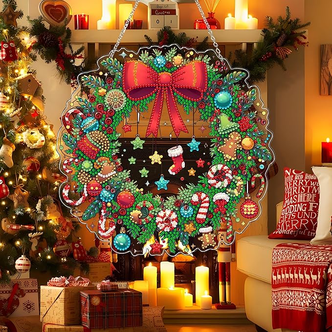 JJFox Diamond Art Hanging Kit for Adult,Special Shaped Rhinestone,Double Sided 5D DIY Acrylic Diamond Art Painting Window Pendants Home Garden Wall Hanging Kits Hanging Ornament (Christmas Wreath-2)