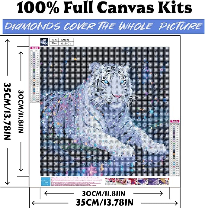 Diamond Art Kits for Adults White Tiger, DIY 5D Diamond Painting Kit for Beginners, Animal Full Round Drill Gem Art Dots for Adults, Diamond Dots Paintings Crafts Home Wall Decor 14X14 Inch