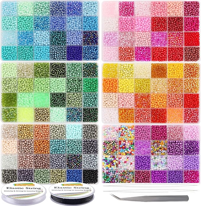 EuTengHao 28800pcs 4mm Multicolor Glass Seed Beads 6/0 for DIY Bracelet Necklaces Crafting Jewelry Making Supplies with Beading Needles Elastic Strings Tweezers (144 Colors, 200Pcs Per Color)
