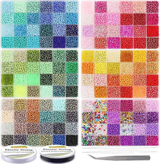 EuTengHao 28800pcs 4mm Multicolor Glass Seed Beads 6/0 for DIY Bracelet Necklaces Crafting Jewelry Making Supplies with Beading Needles Elastic Strings Tweezers (144 Colors, 200Pcs Per Color)