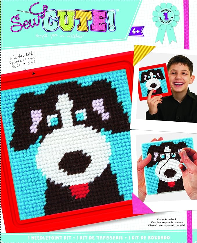 Colorbok 59337 Dog Learn to Sew Needlepoint Kit, 6-Inch by 6-Inch Red Frame