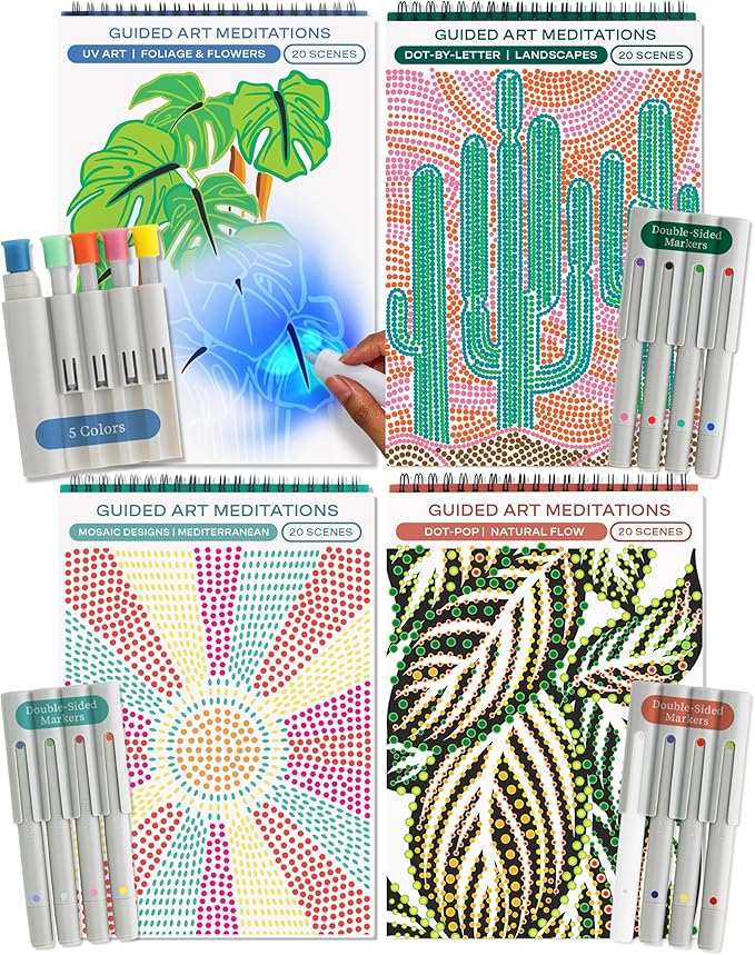 Lifelines FlowArt Activity Pads, 4-Pack - Guided Art Meditations with 4 Sets of Markers & 80 Scenes - Color by Letter, Dot-Pop and More, Coloring Books for Tweens, Adults & Seniors