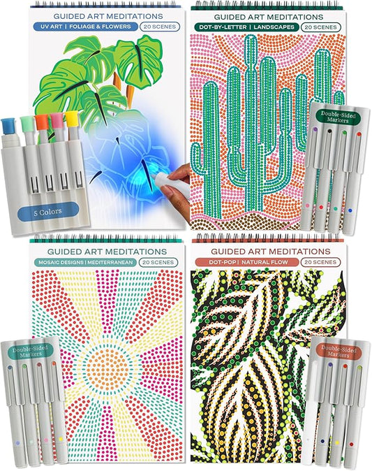 Lifelines FlowArt Activity Pads, 4-Pack - Guided Art Meditations with 4 Sets of Markers & 80 Scenes - Color by Letter, Dot-Pop and More, Coloring Books for Tweens, Adults & Seniors