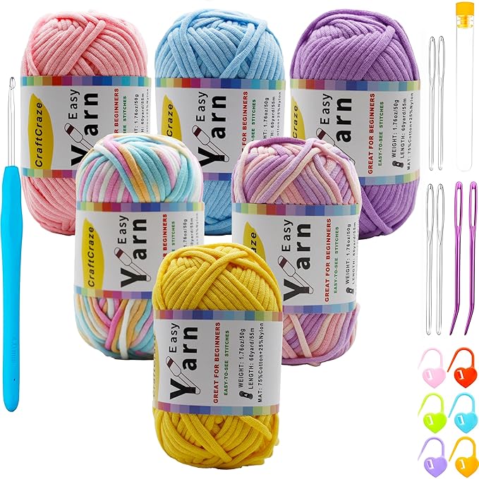 Beginner Easy Yarn Kit for Knitting,Crocheting; Worsted Weight Medium #4; Cotton Blend Yarn for Amigurumi with Tools (Sweet Candy, 6 Skein)