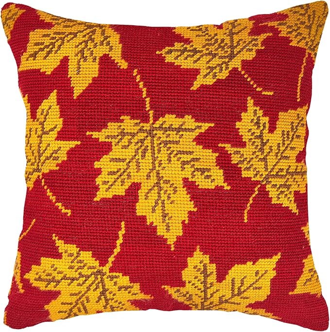 Howie's Needlepoint Needlepoint Kits for Adults, Pillow Front Cross Stitch Kit with Embroidery Pattern on Canvas, Yarn, 2 Needles and Instruction, 16 x 16inch(Maple Leaf)