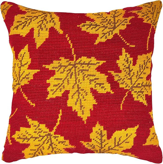 Howie's Needlepoint Needlepoint Kits for Adults, Pillow Front Cross Stitch Kit with Embroidery Pattern on Canvas, Yarn, 2 Needles and Instruction, 16 x 16inch(Maple Leaf)
