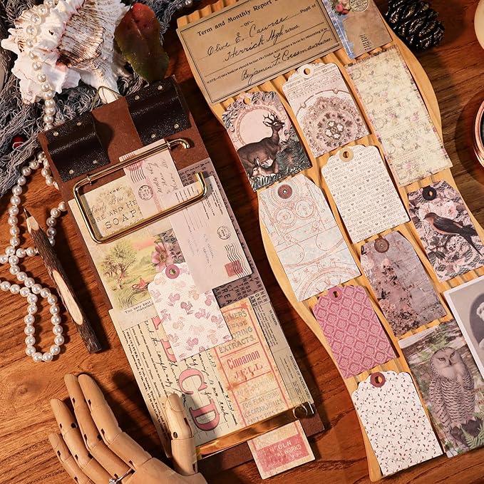 CATaireen Vintage Junk-Journal Mixed Paper Scrapbooking Embellishments Set Retro Journaling Decoupage Stickers Textured Packaging Decorative Cards Tags Kit (Old Photos 4)