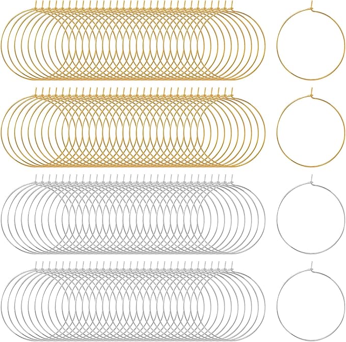 OIIKI 300PCS Earring Beading Hoops, 25mm Silver/Gold Plated Hoop Earring Findings, Open Hoops, Metal Wire Earring Rings, Round Earring Beading Accessories for DIY Jewelry Making, Wine Glass Decoration