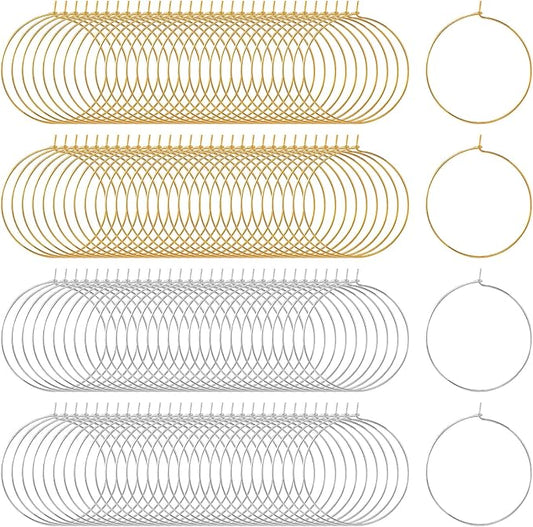 OIIKI 300PCS Earring Beading Hoops, 25mm Silver/Gold Plated Hoop Earring Findings, Open Hoops, Metal Wire Earring Rings, Round Earring Beading Accessories for DIY Jewelry Making, Wine Glass Decoration